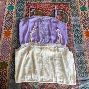 BP Satin Tank Camisole Lilac & White Lace Trim Cropped Tops